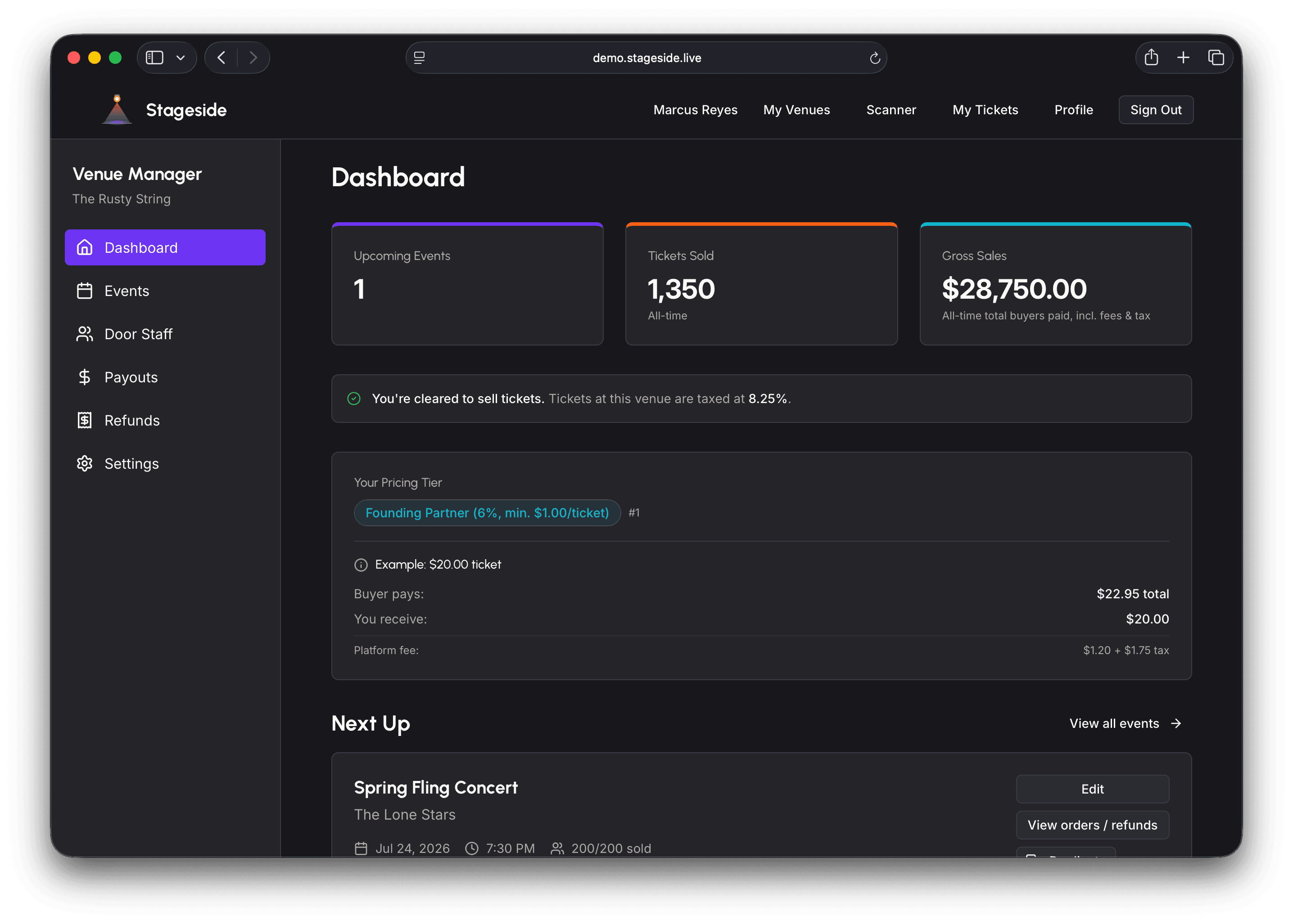 Stageside venue dashboard showing upcoming events, tickets sold, revenue, and pricing tier